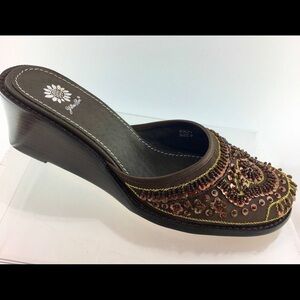 Yellow Box Kinzy Brown Beaded Wedge Mules 9